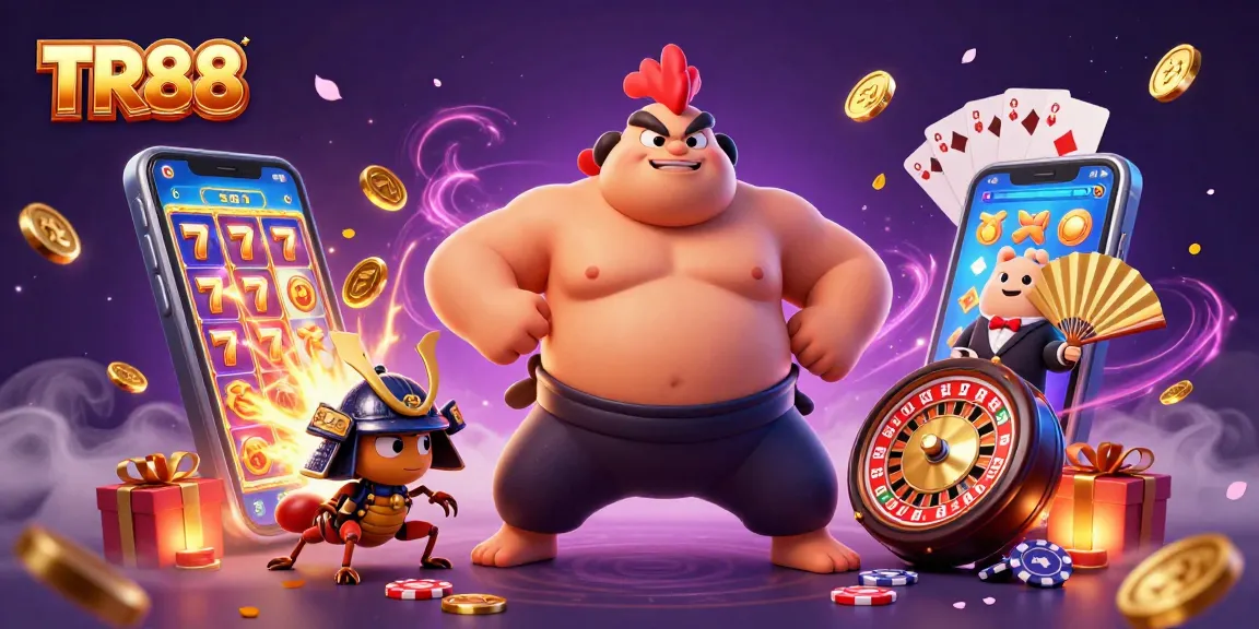 Experience the excitement of TR88 with a colorful casino scene featuring a sumo rooster and samurai cricket.