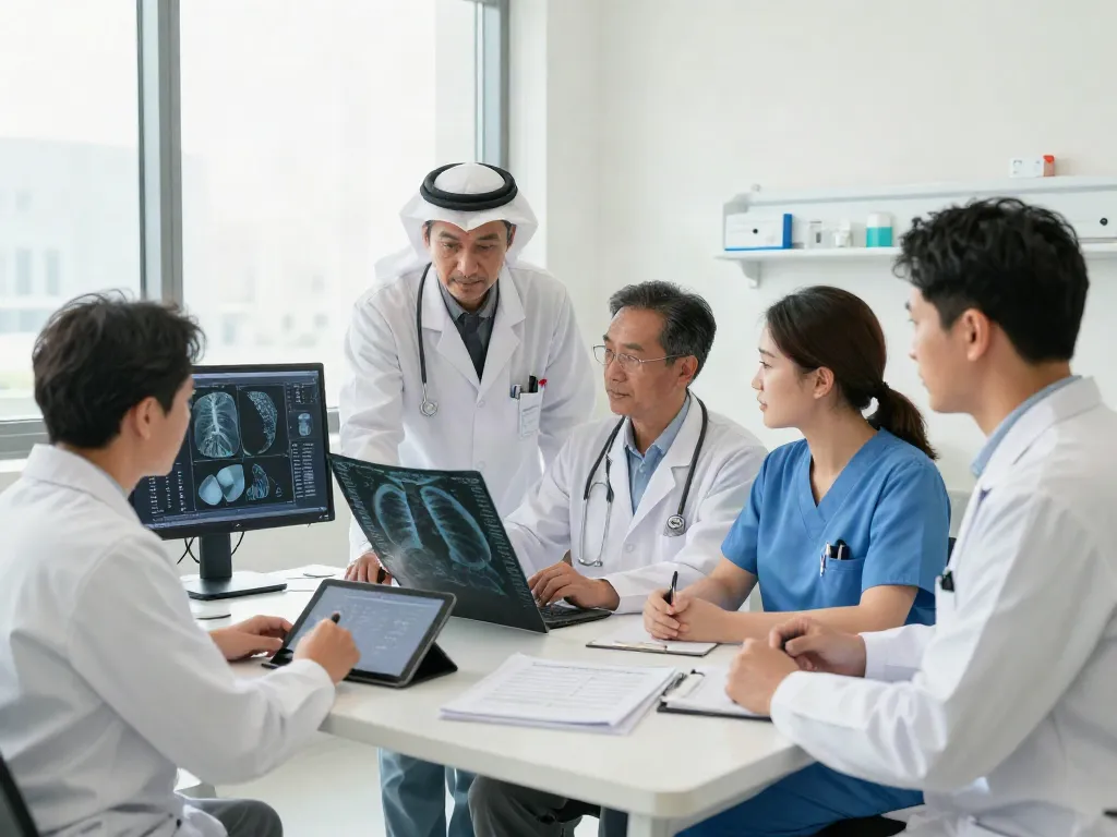 Lung cancer treatment in Abu Dhabi with multidisciplinary team collaborating in a modern healthcare setting.