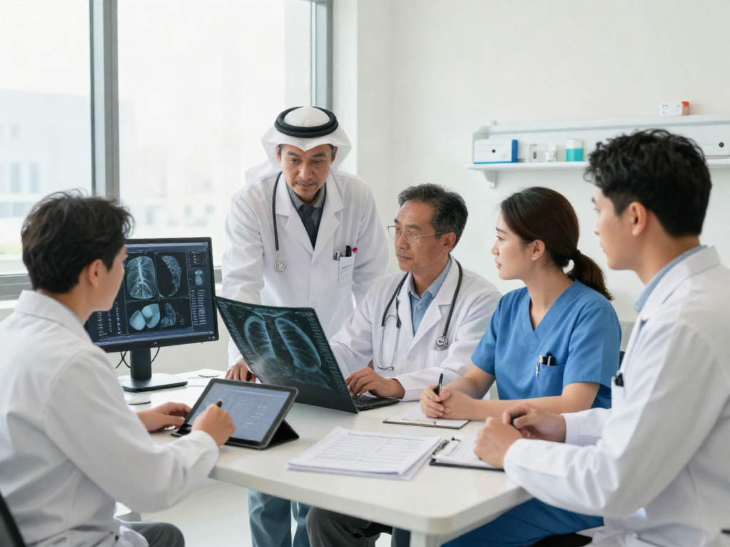Lung cancer treatment in Abu Dhabi with multidisciplinary team collaborating in a modern healthcare setting.
