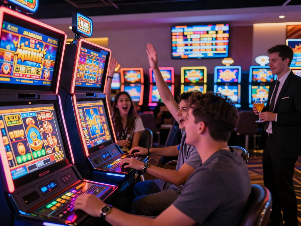 Slot bonus new member 100 players celebrating wins in a casino environment, vibrant lighting and engaging atmosphere.