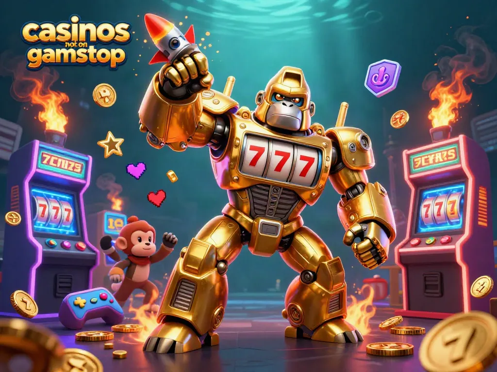 Experience the thrill of casinos not on gamstop with an explosive 3D gorilla mech and casino game elements.