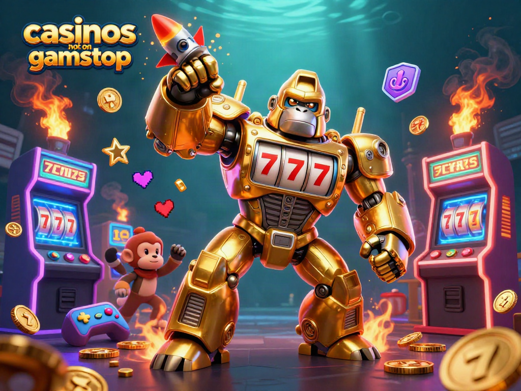 Experience the thrill of casinos not on gamstop with an explosive 3D gorilla mech and casino game elements.