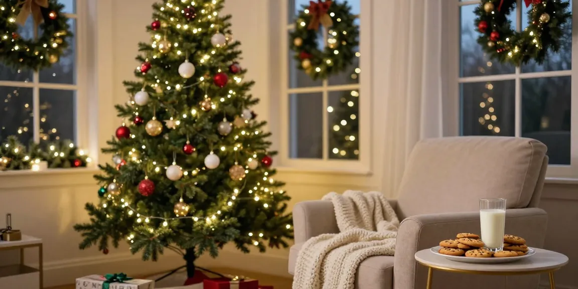 The cozy living room showcasing a pre lit pencil slim Christmas tree adorned with lights and ornaments amid festive decorations.