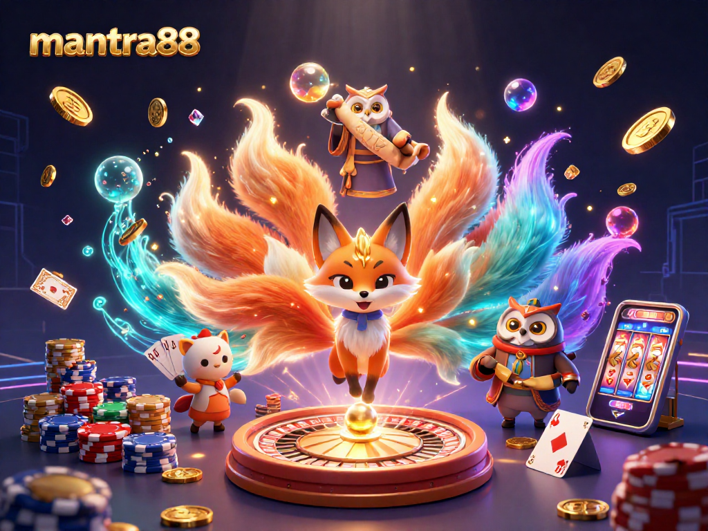 Experience the thrill of winning at mantra88 with vibrant casino characters surrounded by gems and coins.