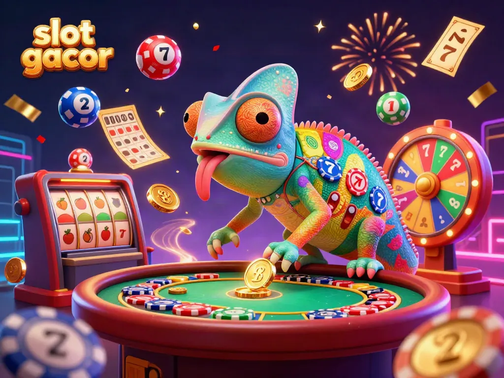 Engage with the vibrant slot gacor theme, featuring a colorful chameleon casino owner amidst lively gaming elements.