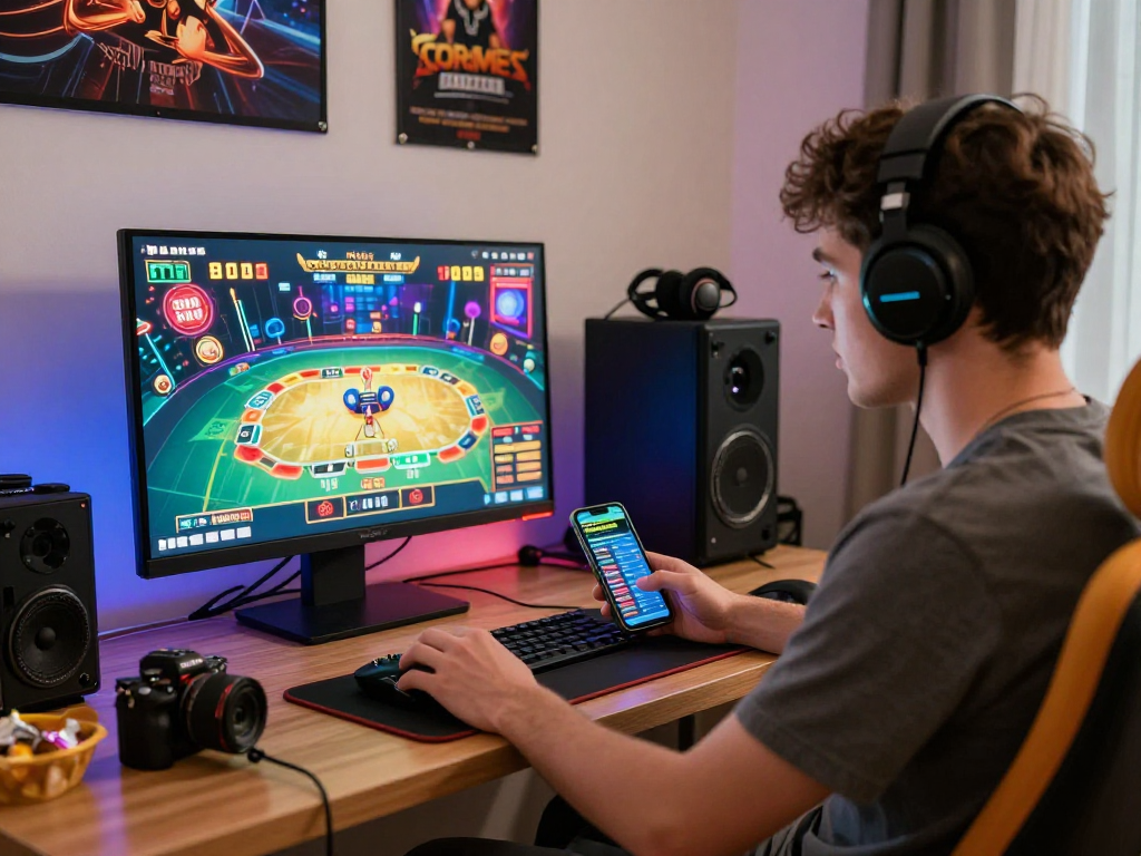 Player engaged in raja 328 live casino game at home office setup with vibrant decor and gaming gear.