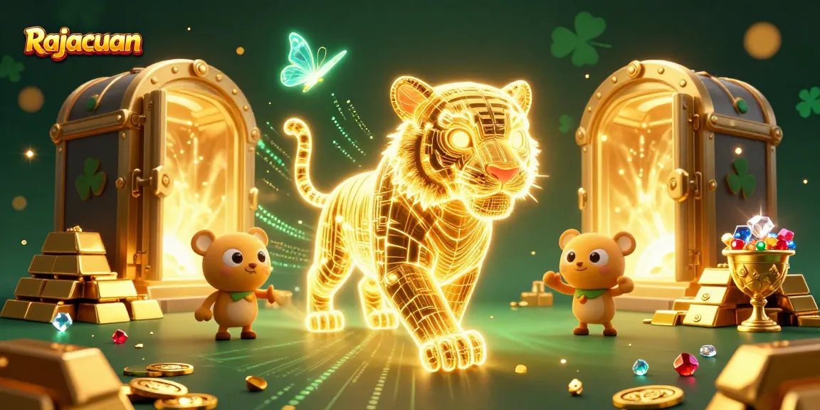 Experience the excitement at Rajacuan with a vibrant 3D illustration of a golden tiger in a digital casino landscape.