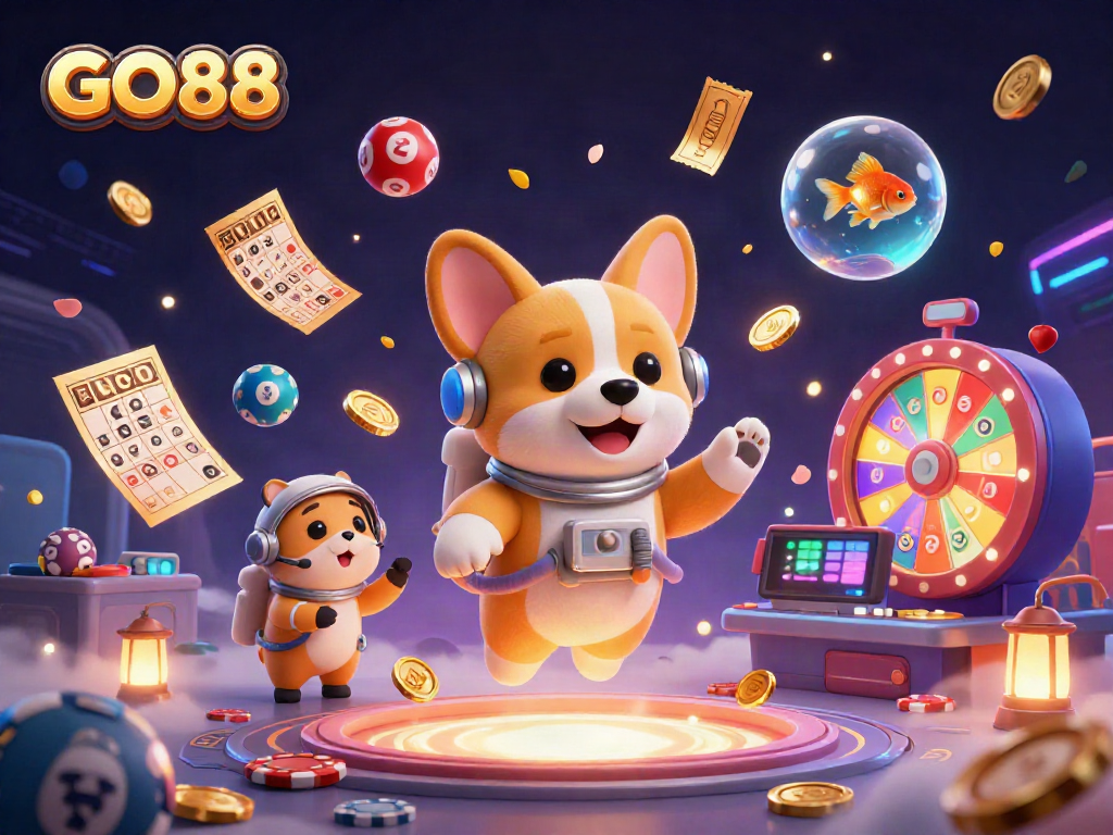 Experience the excitement of GO88 with a floating casino scene featuring dynamic gambling elements and rich colors.