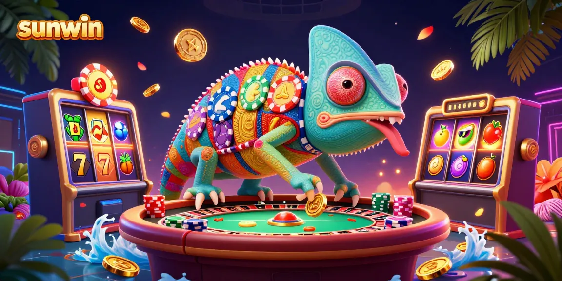 Experience the excitement of sunwin with a colorful chameleon casino illustration showcasing dynamic slot reels and vibrant game elements.