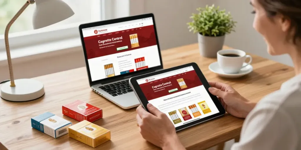 Buy cheap cigarette online Australia with a happy customer browsing tobacco products in a modern workspace.