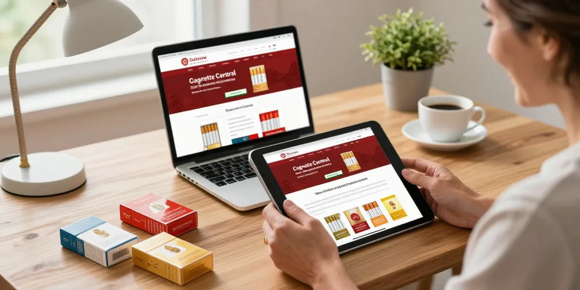 Buy cheap cigarette online Australia with a happy customer browsing tobacco products in a modern workspace.