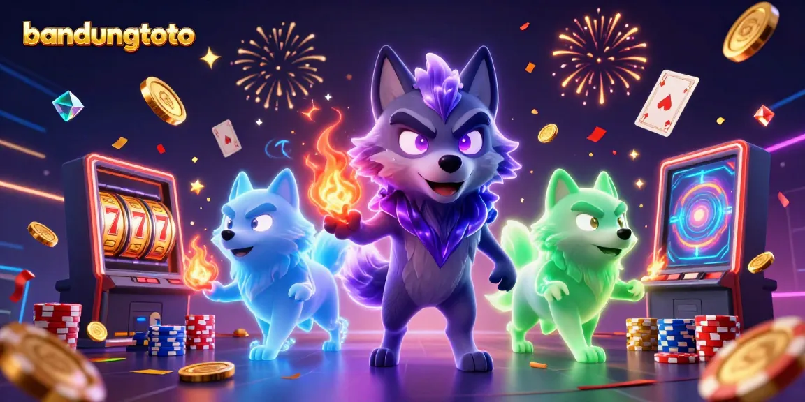 Experience thrilling gameplay at bandungtoto with wolf characters amidst gold coins and slot machines.