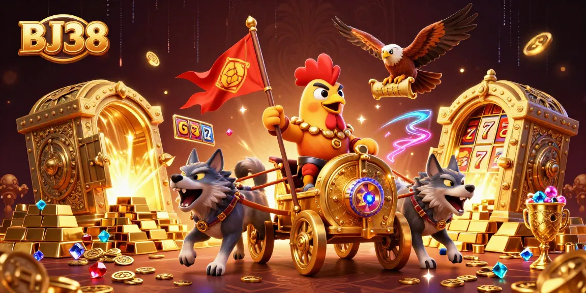 Experience the excitement of BJ38 with a vibrant 3D illustration of a rooster warlord in a golden chariot amidst casino treasures.