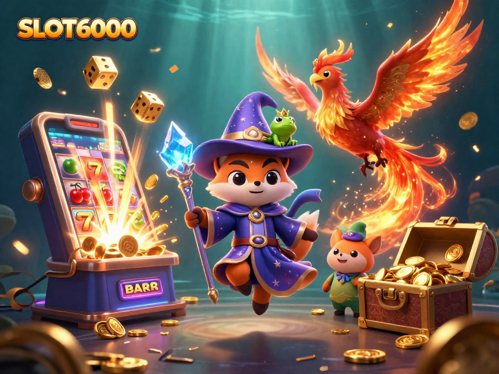 Experience the thrill of SLOT6000 with a bustling casino scene featuring dynamic games and vibrant characters.
