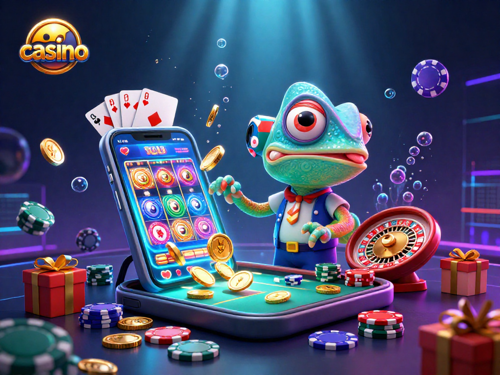 Experience vibrant casino excitement with the chameleon owner catching golden coins.
