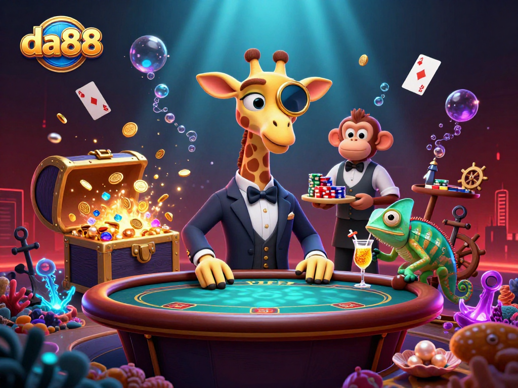 Play a thrilling game with da88 at a poker table featuring a giraffe and a monkey friend.