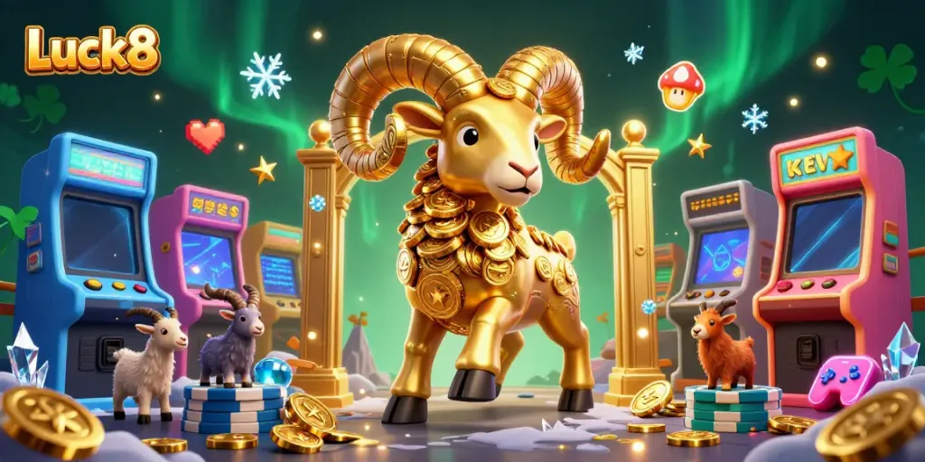 Enjoy massive winnings at Luck8 with a golden ram charging the casino gates in a vibrant gaming scene.
