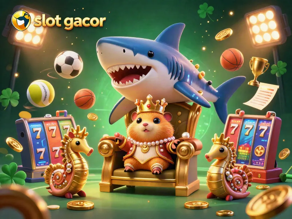 Experience the excitement of slot gacor with a dynamic scene showcasing a golden hamster king and royal seahorse guards.