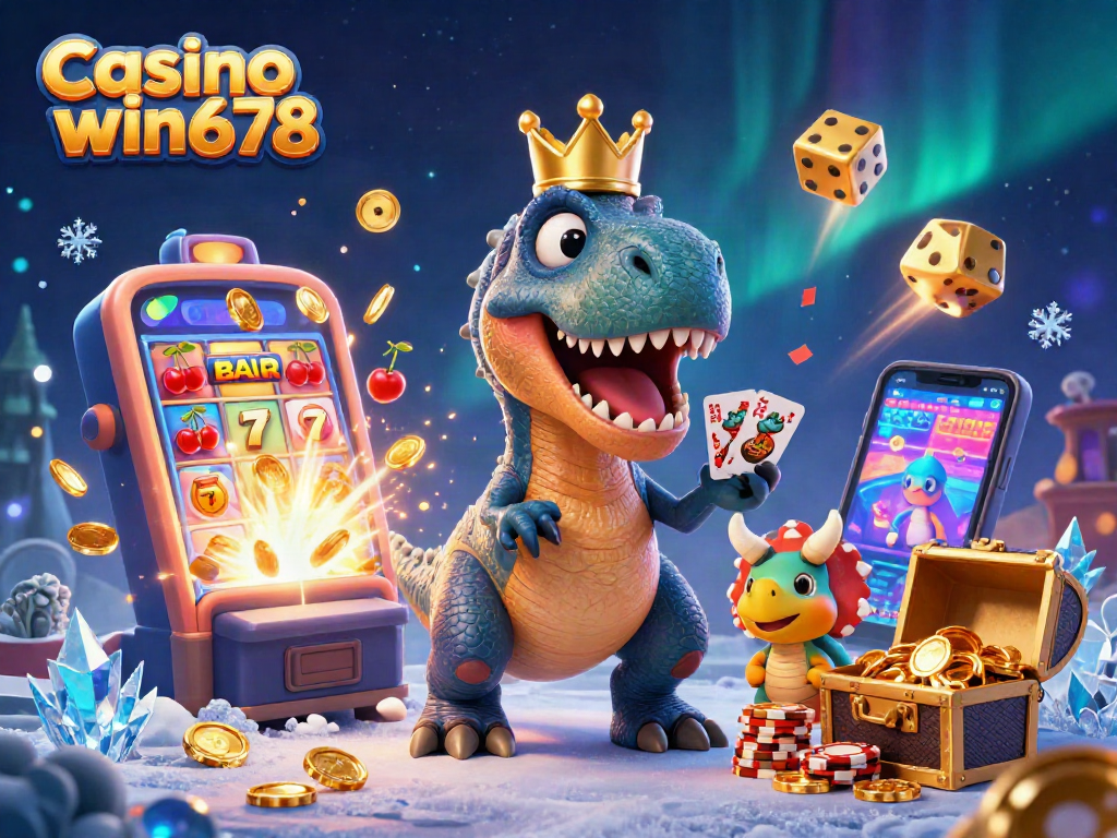 Experience Casino win678 as a playful T-Rex shuffles cards beside a pterodactyl, surrounded by exciting gaming elements.