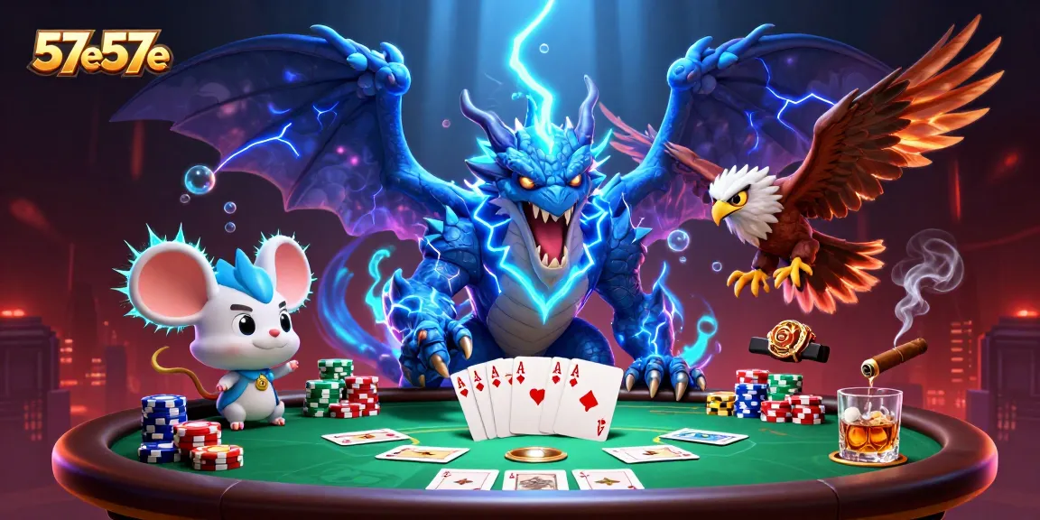 Engage in thrilling poker action with 57e57e's electrifying 3D casino illustration featuring vibrant characters.