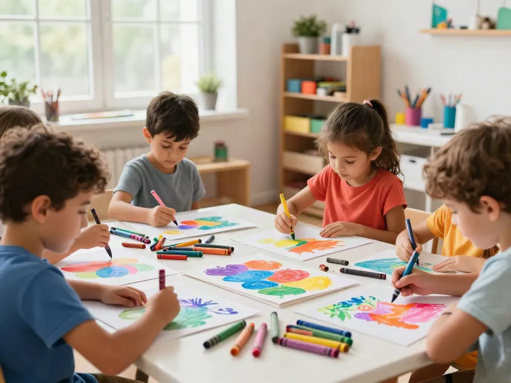 Children creating colorful artwork with various crayon manufacturers in a bright art studio.