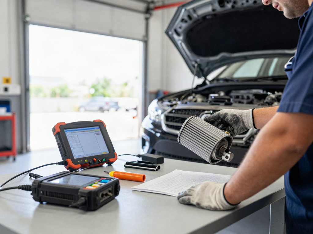 DPF Reinigung Hannover - Mechaniker prüft einen Dieselpartikelfilter in einer professionellen Werkstatt.