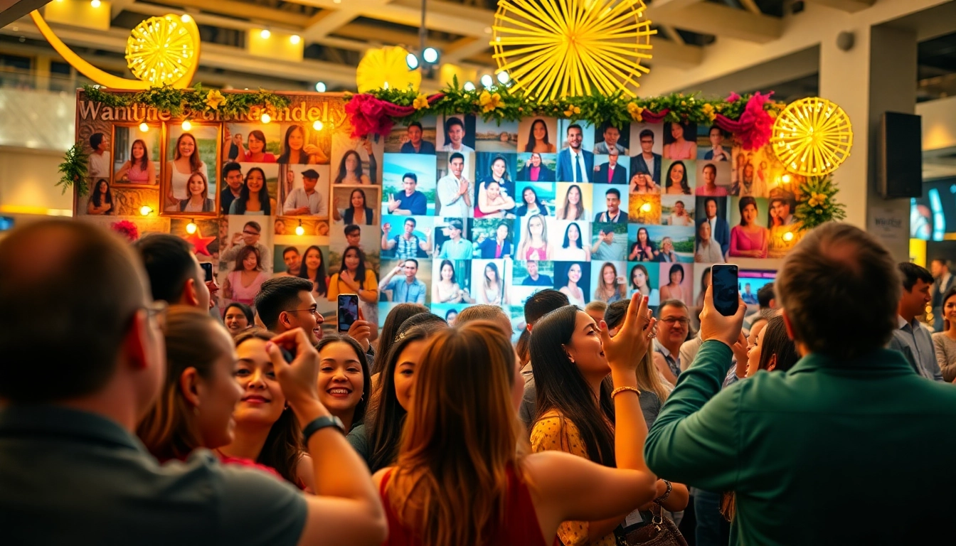Participants interacting with an engaging interactive photo wall at a lively event, showcasing selfies.