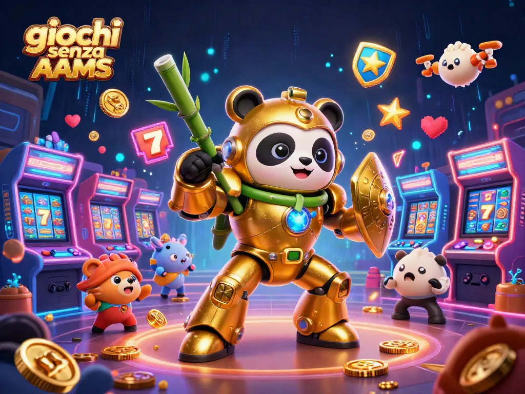 Gioca ai giochi senza AAMS in un vivace contesto di casinò con panda dorato e macchine arcade scintillanti.