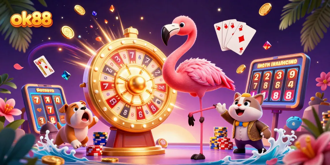 Excited bulldog and flamingo host showcase thrilling ok88 casino experience with vibrant 3D elements.