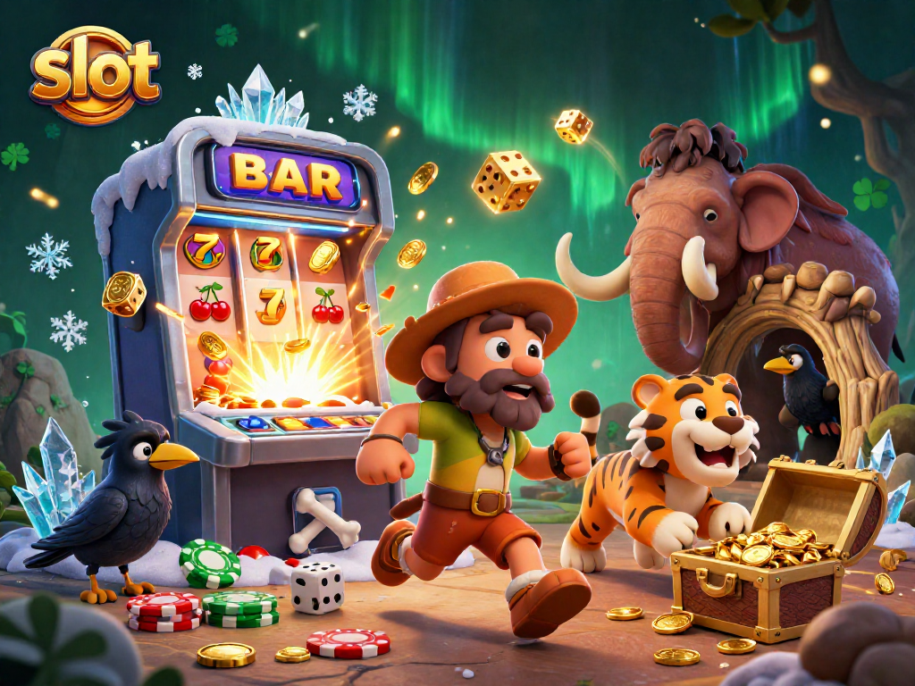 Experience slot excitement with a cartoon caveman, sabertooth tiger, and crow in a prehistoric casino.