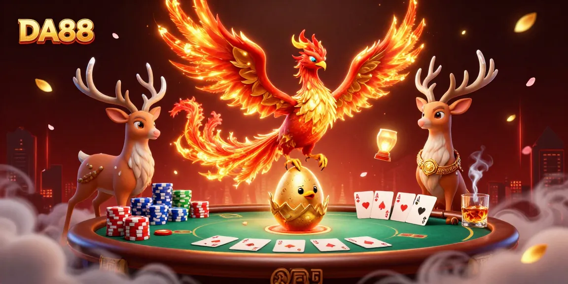 Experience thrilling poker moments with DA88, featuring 3D phoenix and poker elements.