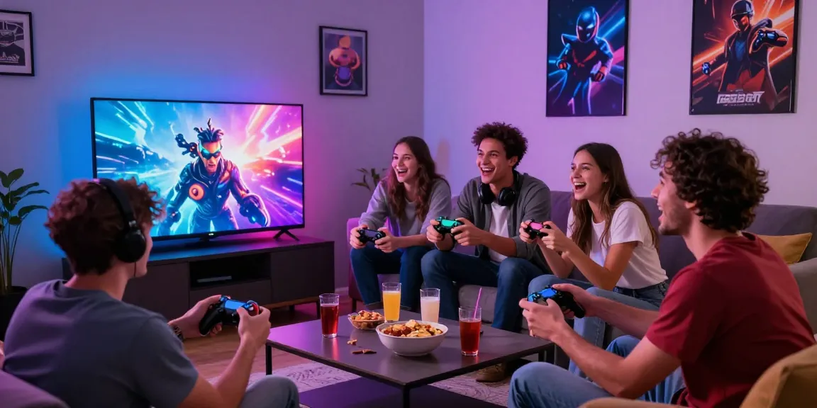 Kilat404 gaming party scene with friends enjoying thrilling gameplay and snacks.