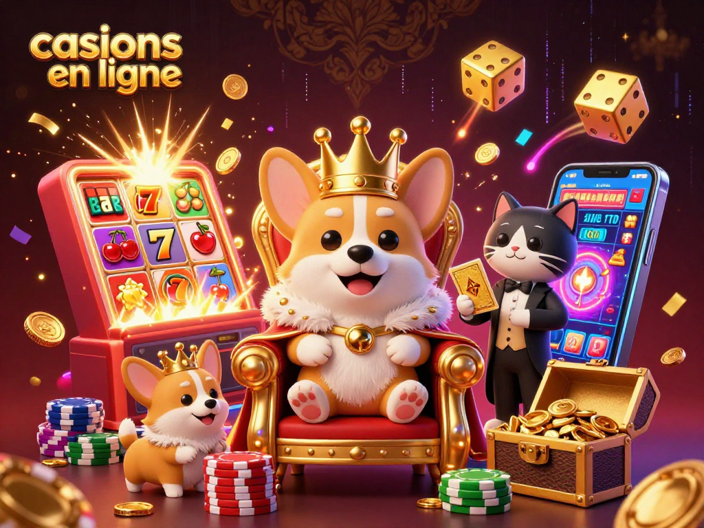 Découvrez les casinos en ligne avec cette scène vibrante de personnages et de jeux animés.