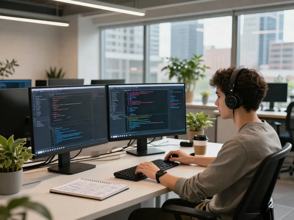 Workspace of a software developer coding and engaging with technology, highlighting the concept of [link] innovation.