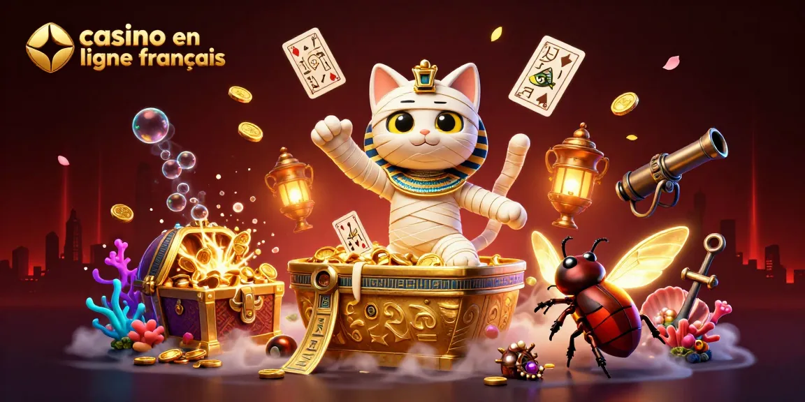 Jouez au casino en ligne français avec une illustration dynamique d'une momie égyptienne et des cartes anciennes flottantes.