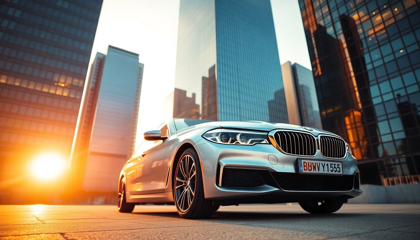 Admire the Luxury BMW car gleaming in a cityscape, showcasing its elegance and design.
