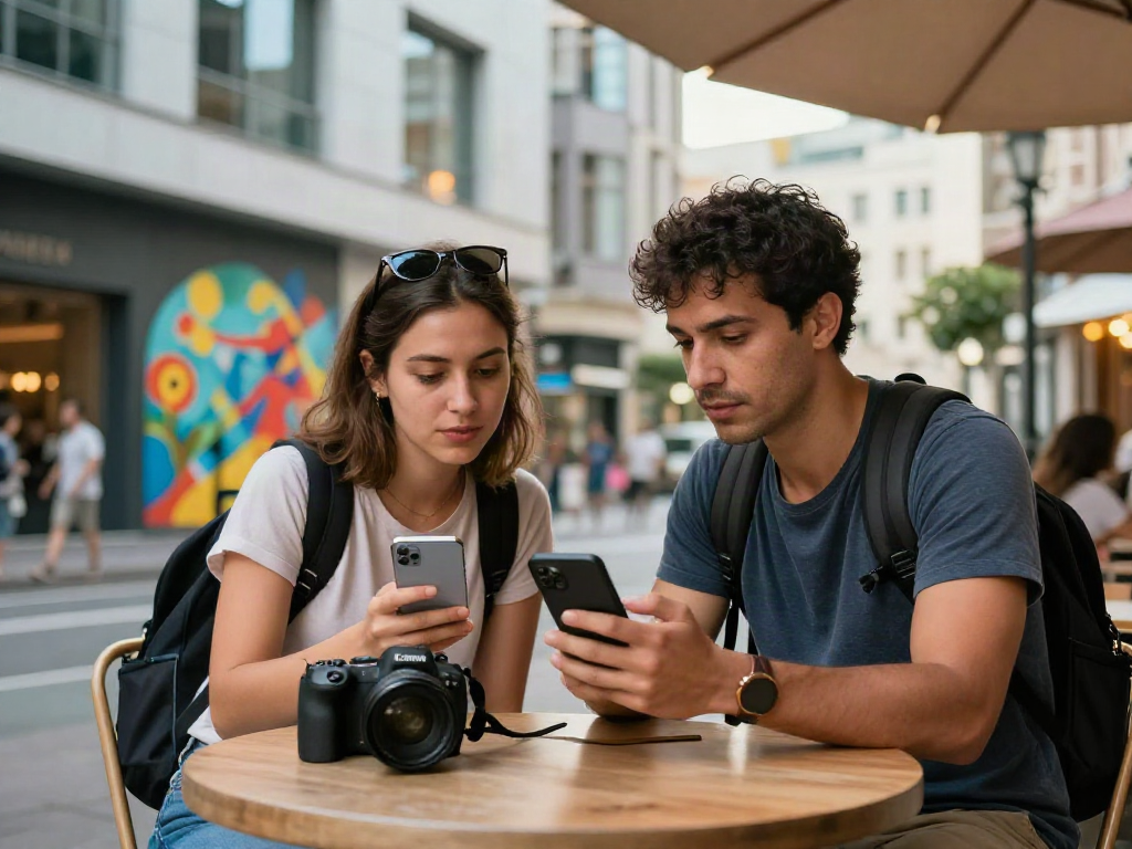 רגעי חיבור עם Esim לחו"ל בעיר תוססת, מטיילים משתפים מידע בקפה.