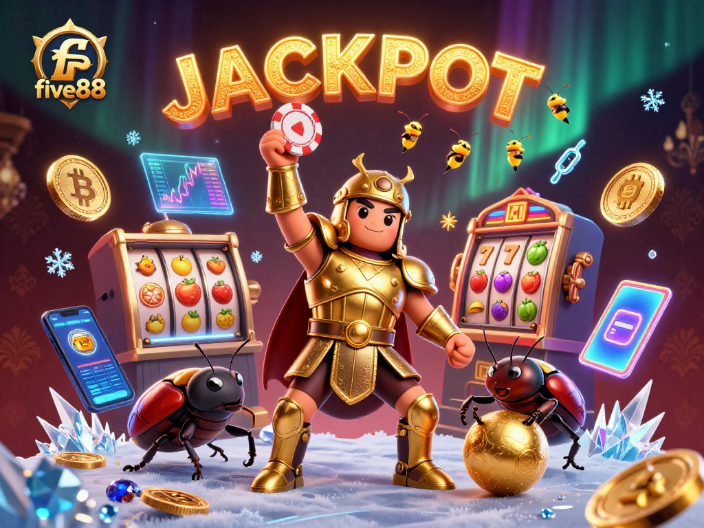 five88 jackpot celebration with hercules beetle lifting poker chip amid crypto elements