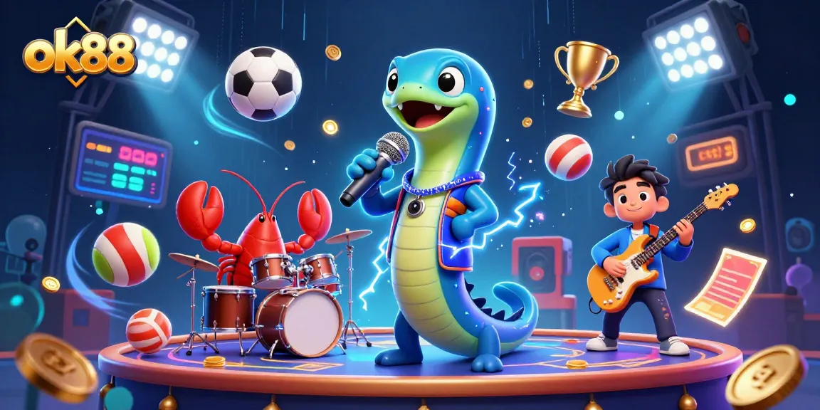 Experience the excitement of ok88 with a vibrant underwater casino scene featuring electric eel DJs.