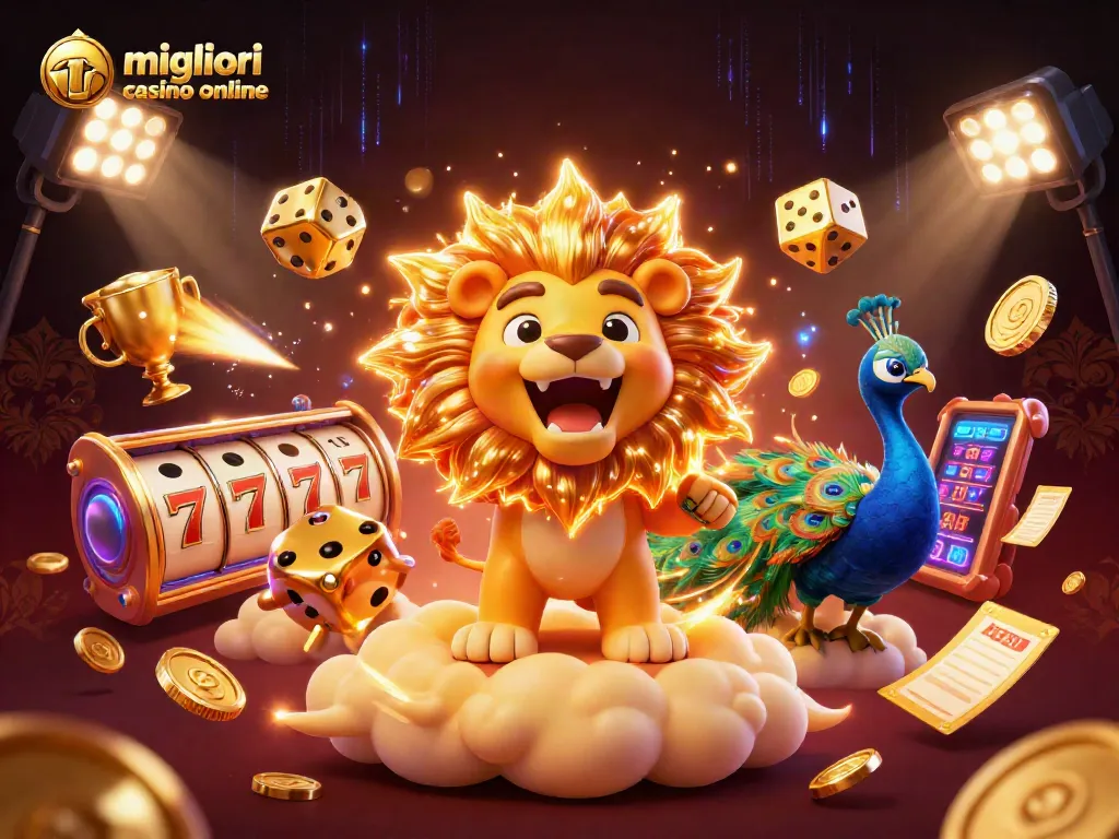 Scopri i migliori casino online con un'illustrazione vivace di un leone solare e simboli di gioco.