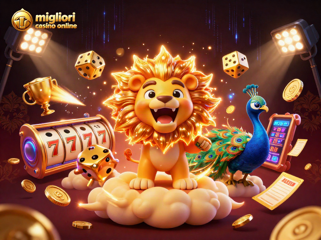 Scopri i migliori casino online con un'illustrazione vivace di un leone solare e simboli di gioco.