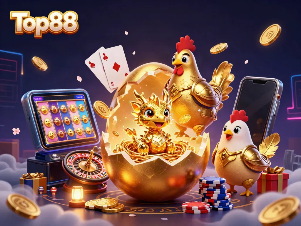 Engage in thrilling gameplay at Top88 with a golden dragon and vibrant casino elements.