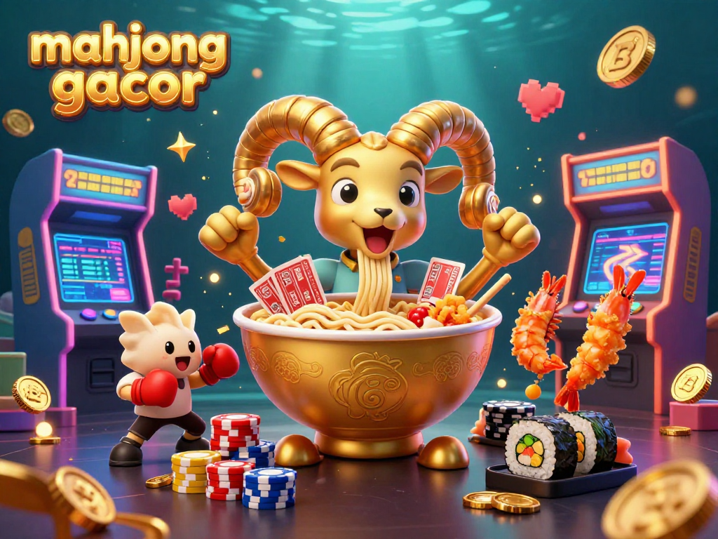 Engage with mahjong gacor in this animated scene featuring a playful ramen bowl dealer and energetic casino elements.