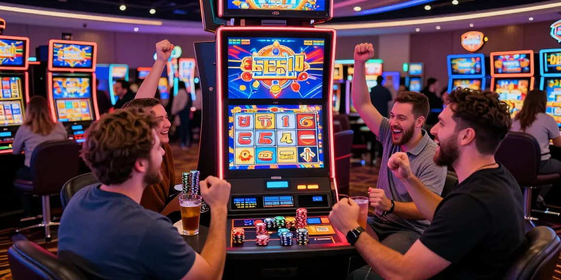 Players celebrating wins at slot gacor machines in a lively casino atmosphere.