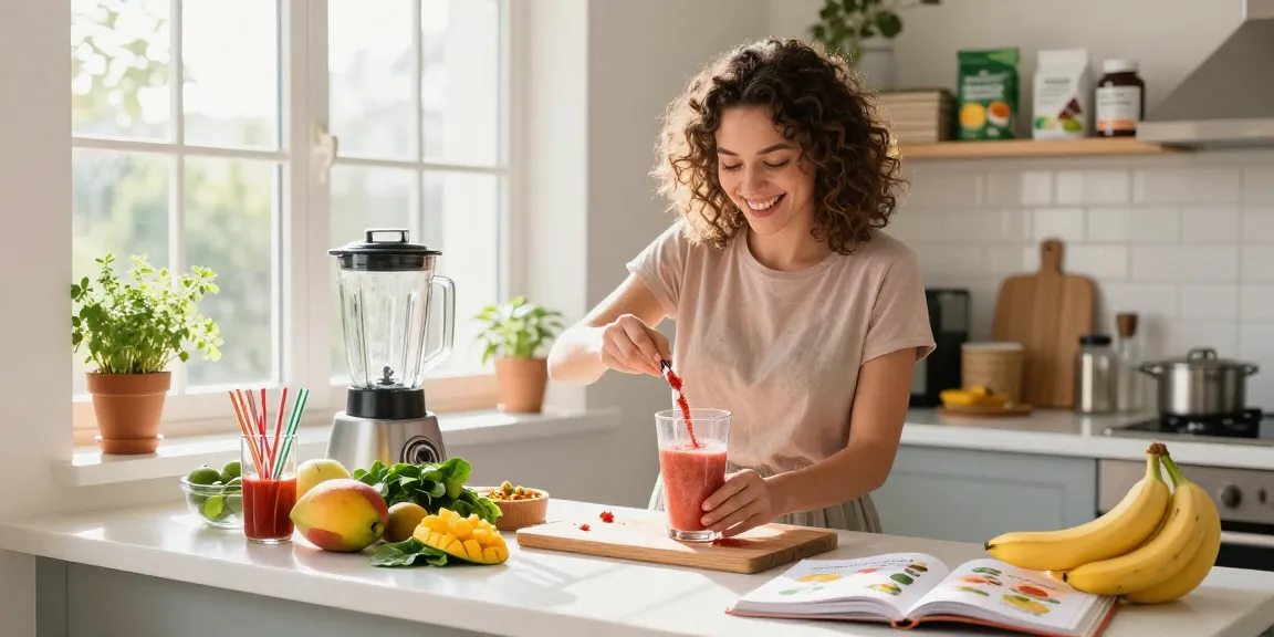 Preparing a vibrant smoothie with vegan astaxanthin in a bright kitchen, showcasing fresh ingredients.