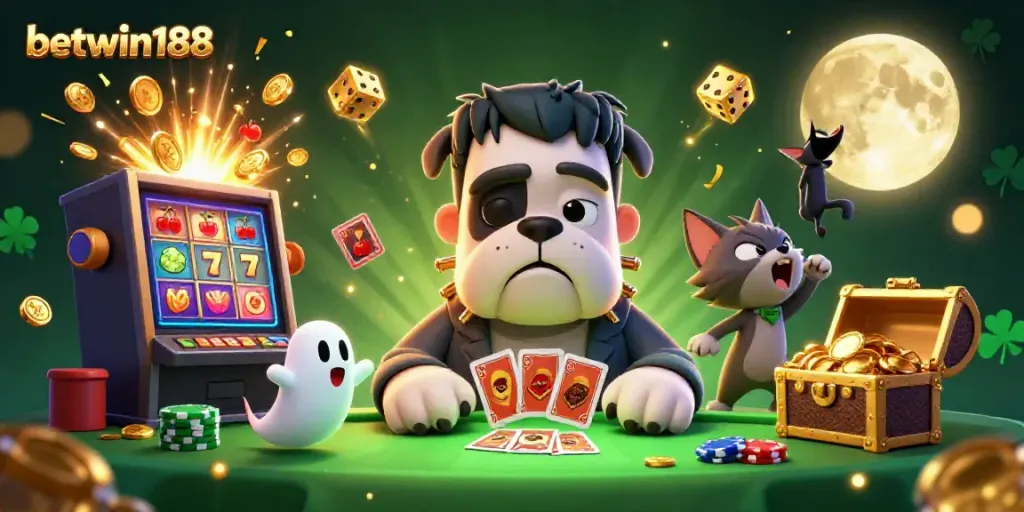 Menangkan jackpot dengan betwin188 sambil bermain di meja menakutkan yang dipenuhi kartu dan chip.