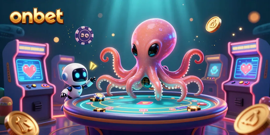 Engage in thrilling games at onbet with a cosmic octopus dealer at a remote poker table.