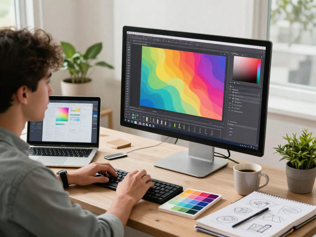 Designer using the paint-bucket tool on a vibrant digital workspace filled with creative elements.