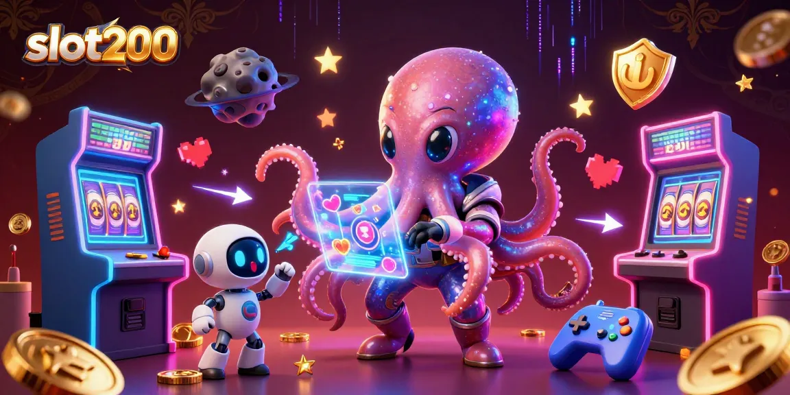 Engage with slot200's dynamic gambling scene featuring an alien octopus and vibrant slot machines.