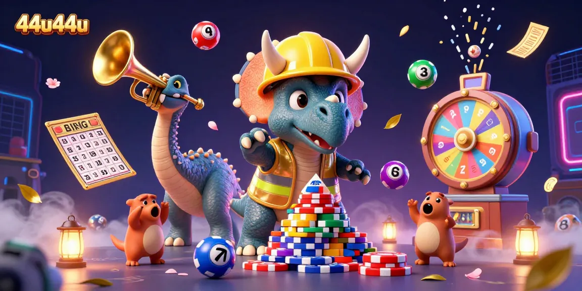 44u44u constrói uma pirâmide de fichas de poker com um dinossauro animado celebrando, trazendo sorte aos jogadores.